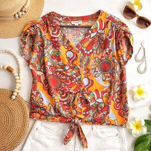 Sabrina Lauren NY Colorful Boho Paisley Tie Front Blouse Small Retro Resort Top